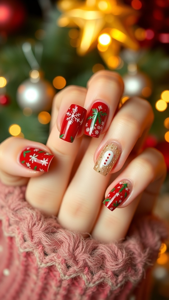 Christmas nail art with red, green, and gold designs, featuring festive patterns.